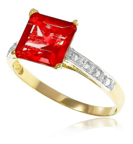 Anel Em Ouro Amarelo Com 8 Diamantes E Quartzo Rubi