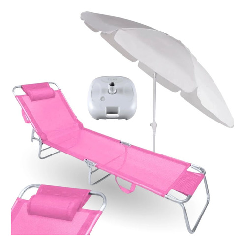 Cadeira Rosa Espreguiçadeira 4 Posç. + Guarda Sol+ Base 22kg