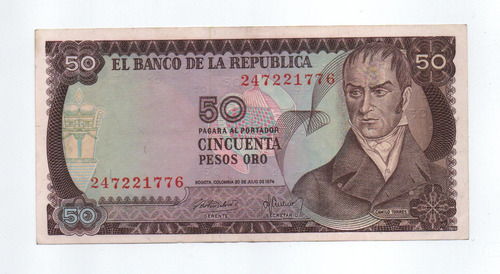 Billete De Colombia 50 Pesos 1974