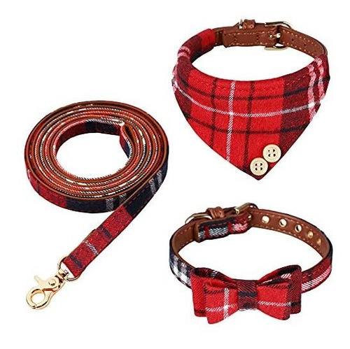 Bow Tie Dog Collar Y Correa Juego 3 Pcs Classic Plaid Zff7h