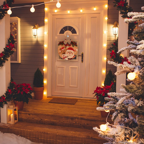 Corona De Madera Estilo Santa Clause Reno Y Hombre De Nieve
