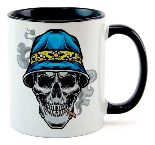 Caneca Inteior  Preto Caveira Chapeu Bucket Azul Fumando