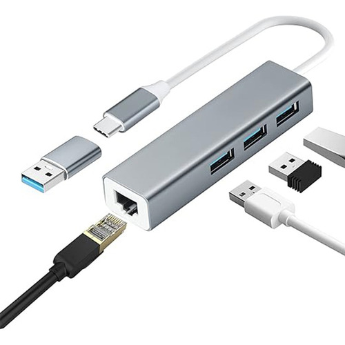 Adaptador Ethernet Usb Tipo-c Rj45 Red Lan Gigabit 4 En 1