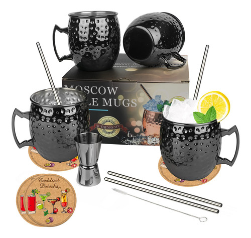 Moscow Mule - Juego De 4 Tazas De Acero Inoxidable Negro Plo