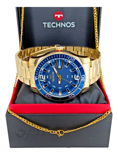 Relógio Dourado E Azul Technos Masculino Performance Racer