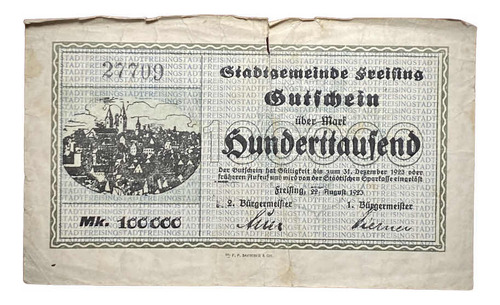 Billete 100000 Marcos Alemania 1923 Kell 1601 B.2 Freising (Usado)