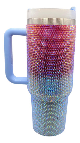 Vaso Termico Quencher 1.2 Con Strass - Brillo Degradé Acero Fucsia / Celeste Tornasolado Strass Degradé