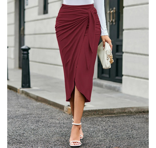 Falda Midi Arrugada Con Abertura Lateral Para Mujer