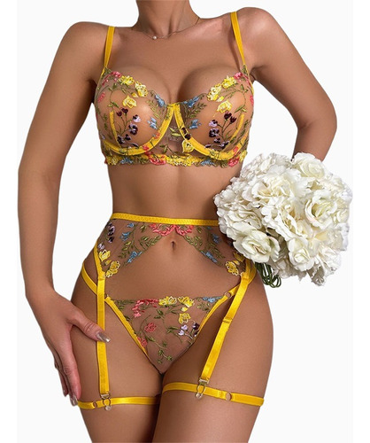 Conjunto De Lencería Patrón De Flores Sexi Camison De Dama