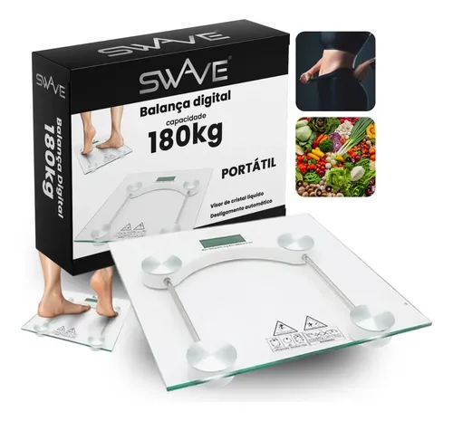 Balanca Digital Corporal De Vidro Temperado Ate 180kg Com Display Lcd Automatica Para Banheiro Portatil Corporal Transparente Swave