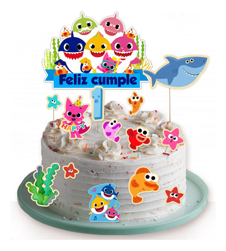 Caketopper Decoración Pastel Fiesta Baby Shark Bautizo Xv2