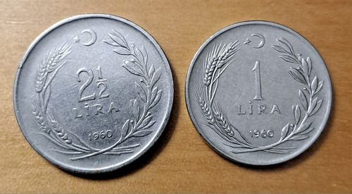 Turquia X 2 Monedas 1 Lira Y 2 Y 1/2 Lira 1960. Magneticas