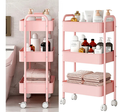 Carrito Organizador Multiusos De Metal, 3 Niveles Y Ruedas Rosa Claro