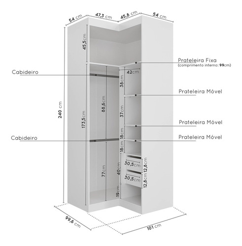 Guarda Roupa Modulado De Canto Com Espelho 6 Portas 3 Peças