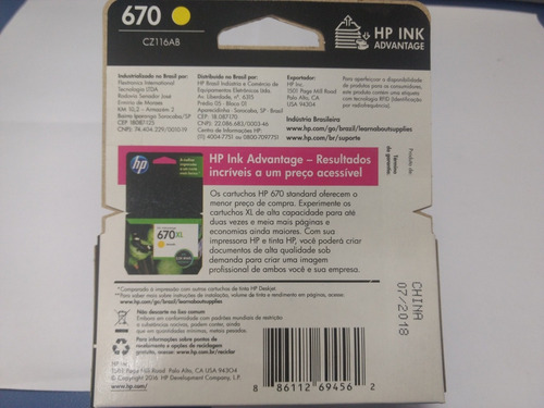 Imagem 3 de 5 de Cartucho Original Ink Advantage Hp 670 Amarelo 3,5ml Cz116ab