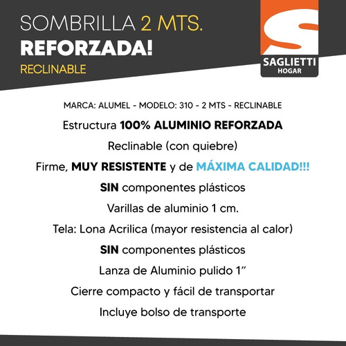 Imagen 3 de 9 de Sombrilla Reforzada 2 Metros Reclinable Lona Aluminio Alumel
