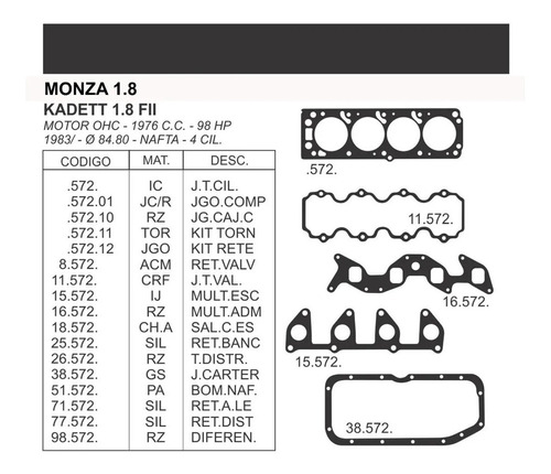 Juego De Juntas Con Retenes Chevrolet  Monza 1.8 Nafta