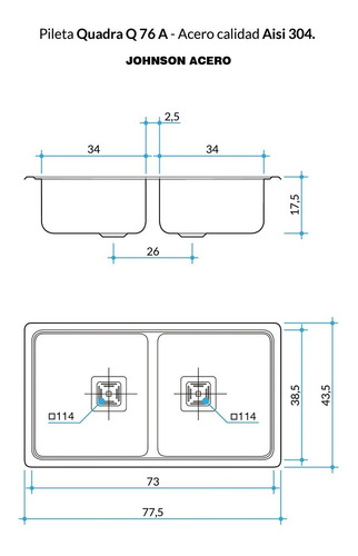 Imagen 2 de 7 de Pileta Ac.inox. Cocina Doble Q76a L. 304 Johnson Aceros