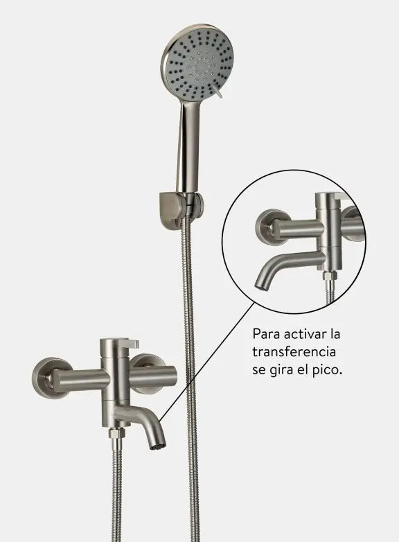 Ducha Exterior Baño Grifería Peirano Monocomando Steel 83-205 Con Duchador Extensible De Mano Con Transferencia Cierre Ceramico Bañera Acabado Acero Inoxidable Color Bano