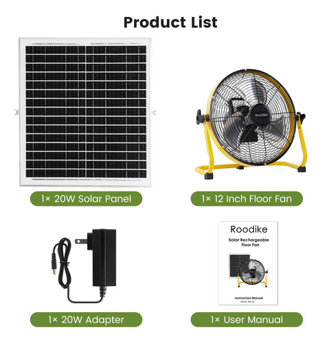 Ventilador De Piso Recargable Solar 12 Pulgadas 18000 Mah