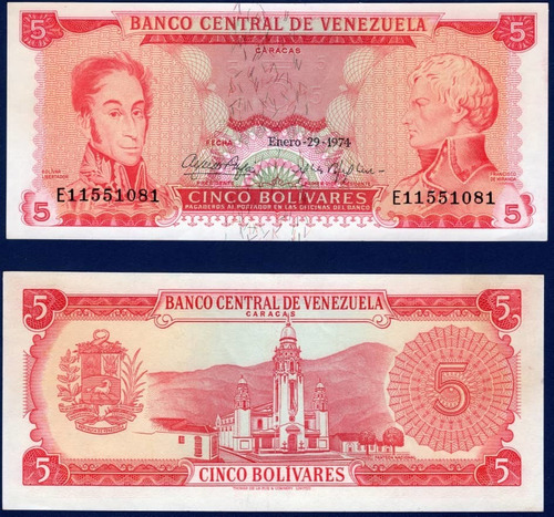 Billete 5 Bolívares E8 Enero 29 1974 S. Bolívar Y F. Miranda