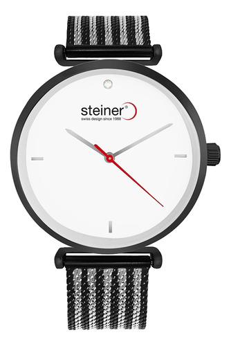 Reloj Para Mujer Análogo Steiner 40 Mm Diseño Tejido 3 Atm Correa Negro Bisel Negro Fondo Blanco