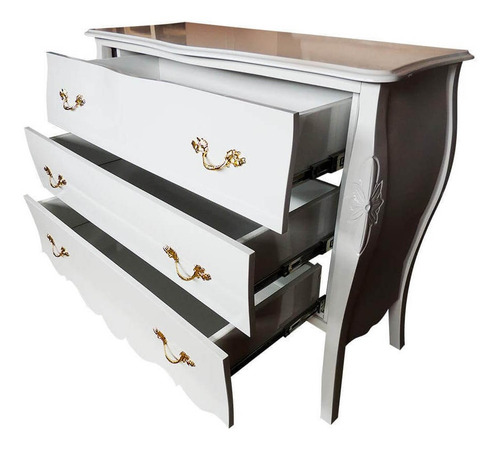 Cômoda Bombê Luiz Xv 3 Gavetas Entalhada Branco Brilho