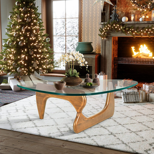 Mesa Auxiliar Triangular De Cristal Y Madera Maciza Moderna
