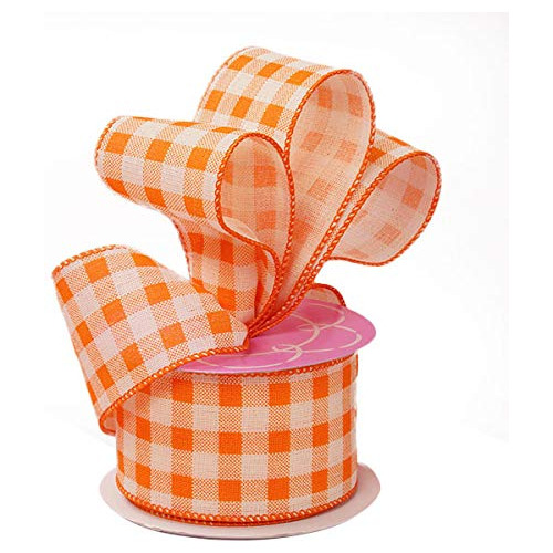 Cinta Cuadros De Gingham Naranja Borde De Alambre 2 1/2...