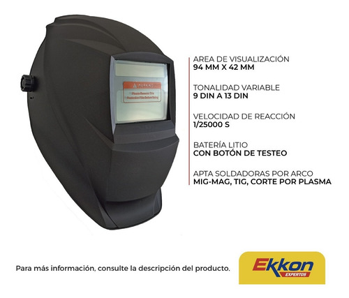 Imagen 2 de 9 de Mascara Careta Para Soldar Fotosensible Negra Kommberg