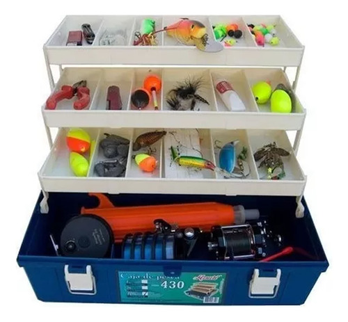 Caja Pesca Mauri 430 Rs 3 Bandejas Porta Accesorios Lineas Color Azul