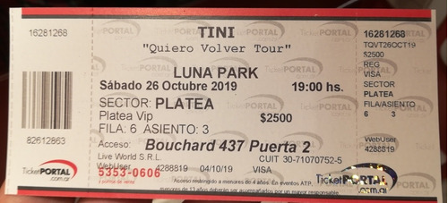 Entrada Recital Tini Stoessel Luna Park 26/10