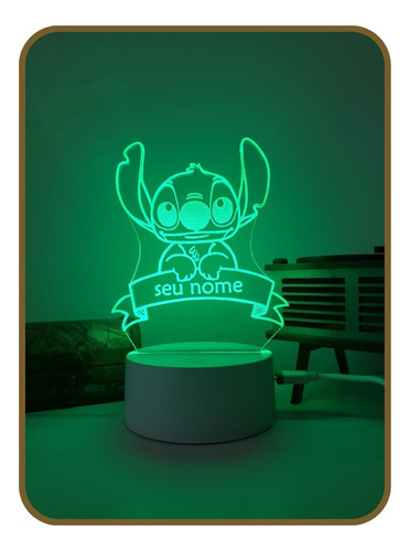 Luminária 3d Led 16 Cores Stitch Personalize Seu Nome Decora
