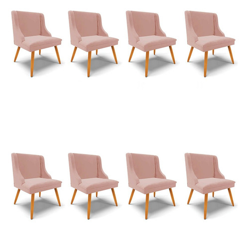 Kit 8 Cadeiras Estofadas Jantar Pés Palito Lia Veludo Rosê