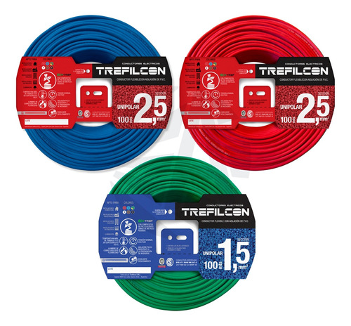 Cable Trefilcon Pack X3 2.5mm Rojo+celeste + 1.5 Verde/am Ea