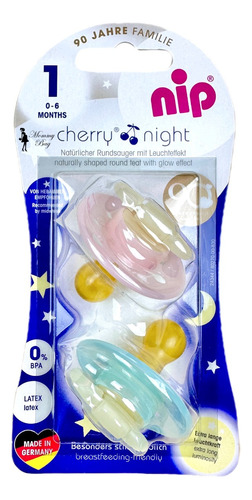 Nip Chupete Cherry Night Pack X 2. Tamaño 1. Verde Y Rosa