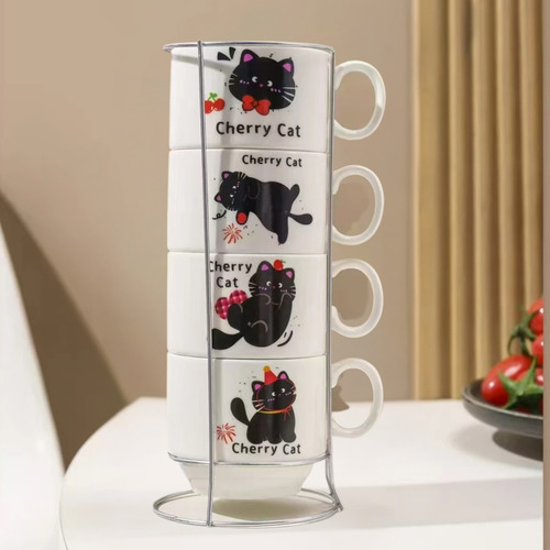 Set X4 Tazas Grandes Para Té Café Con Soporte Gatito Cute Cherry Cat
