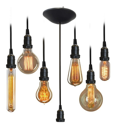Imagem 1 de 8 de 3x Luminária Pendente Preto 2 Metros Canopla Lâmpada Vintage