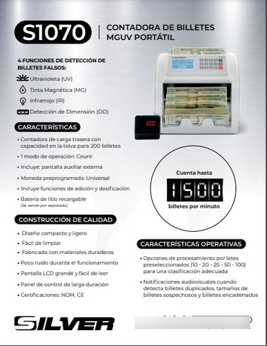 Contadora De Billetes Portátil - S1070 Silver