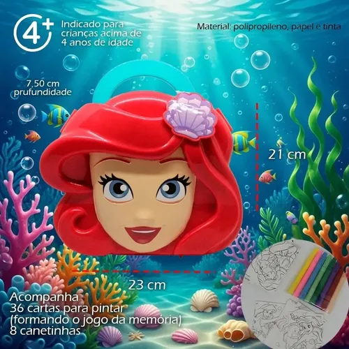 Kit Estojo C/ Jogo Da Memória P/ Pintar E Jogar Ariel Disney