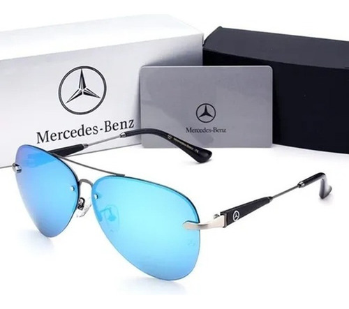 Óculos De Sol Aviador Mercedes-benz Uv400 Lentes Polarizada Armação Azul C/ Prata
