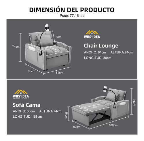 Sofá Cama Sillón Reclinable Convertible 3 En 1+soportes