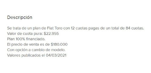 Fiat Plan Toro 14c Plan 100% Financiado! $200.000