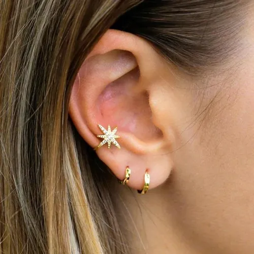 Arete De Clip Argolla Oreja Plata 925 Oro 18k Estrella Mujer