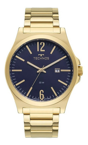 Relógio Masculino Technos Steel Dourado A Prova D'água Cor do fundo Azul - 2115MZM