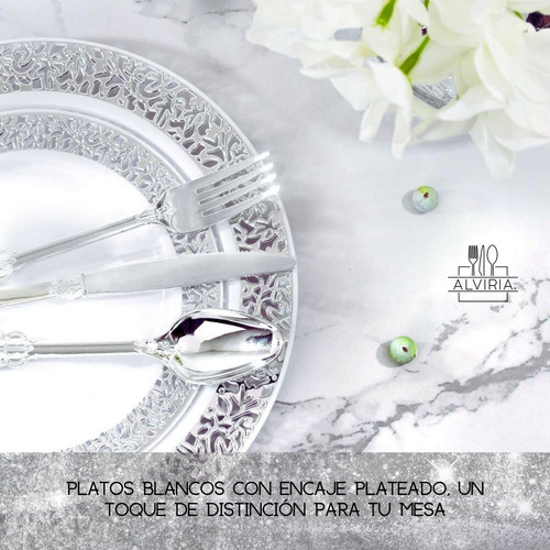 Platos Elegantes Plateados 50 - 25 Servicios Tipo Encaje Color Plateado