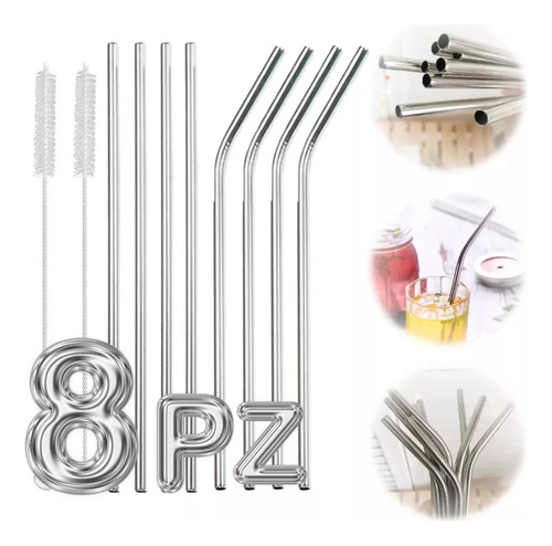 Set Popotes Acero Inoxidable 8 Pz Ecológicos Vaso 30oz 20oz