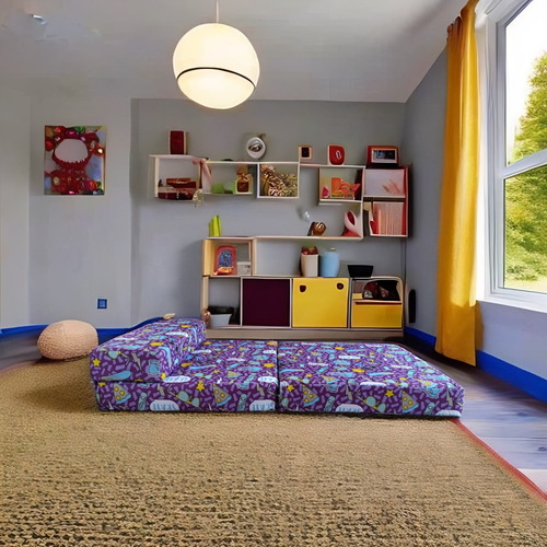 Sofá Cama Infantil Plegable, Colchoneta Con Soporte Firmé Color Morado Palmeras