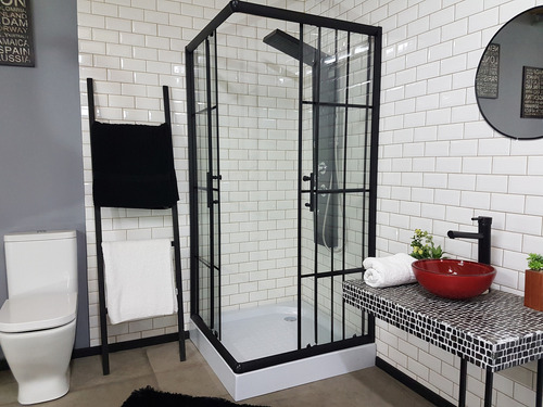 Box De Ducha Mampara Toronto Gorena 90cm Cabina Recta S/base Armazón Negro Panel Trasparente Fon