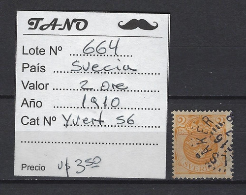 Lote664 Suecia 2 Ore Año 1910 Yvert# 56 Usada